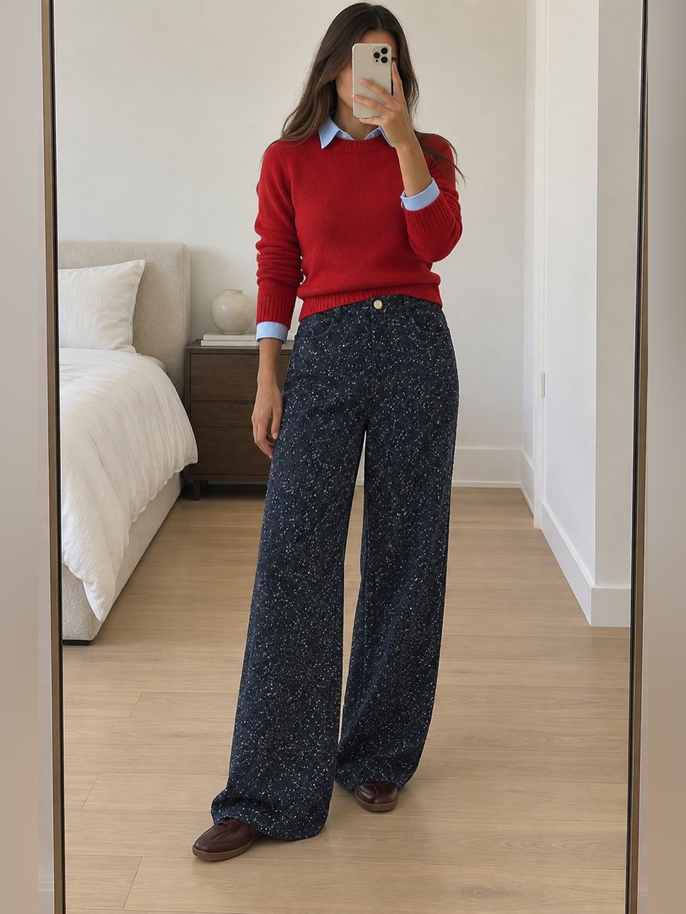 H&M Bouclé Straight Leg Trousers Navy Blue White Speckled Size S NWOT